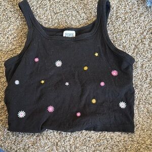Black Tank Top with Floral Embroidery